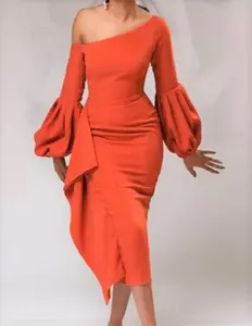 Women's Orange Dress Black Bridesmaid Off Shoulder Summer Wedding Guest Fitted Balloon Sleeve One Shoulder Diagonal Sleeve Ruffle Prom Formal Elegant Chic Comfortable Style