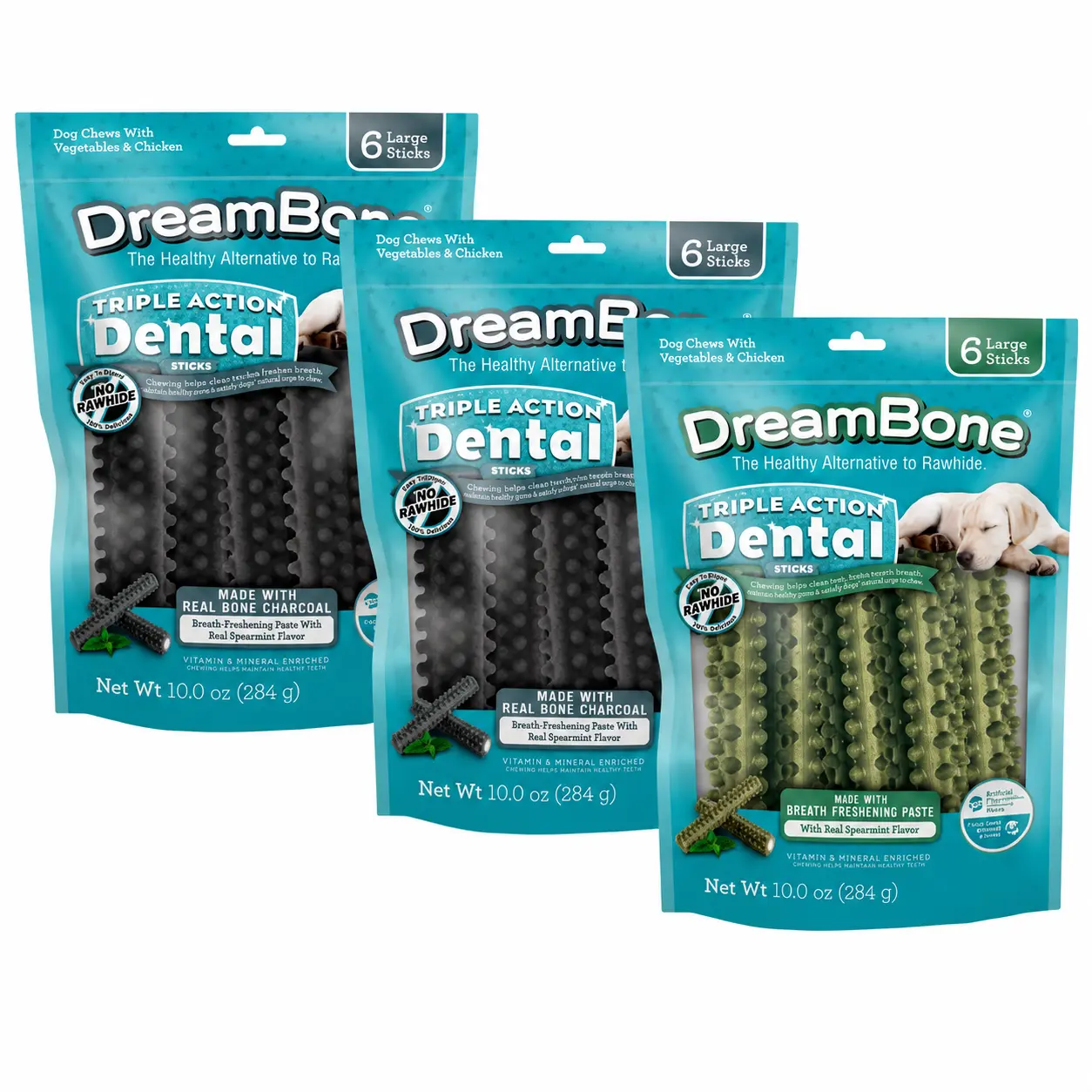 DreamBone Triple Action Dental Sticks for Large & XL Dogs – 3-Pack Bundle with 2 Charcoal Packs & 1 Kelp Pack, 6 Chews per Pack