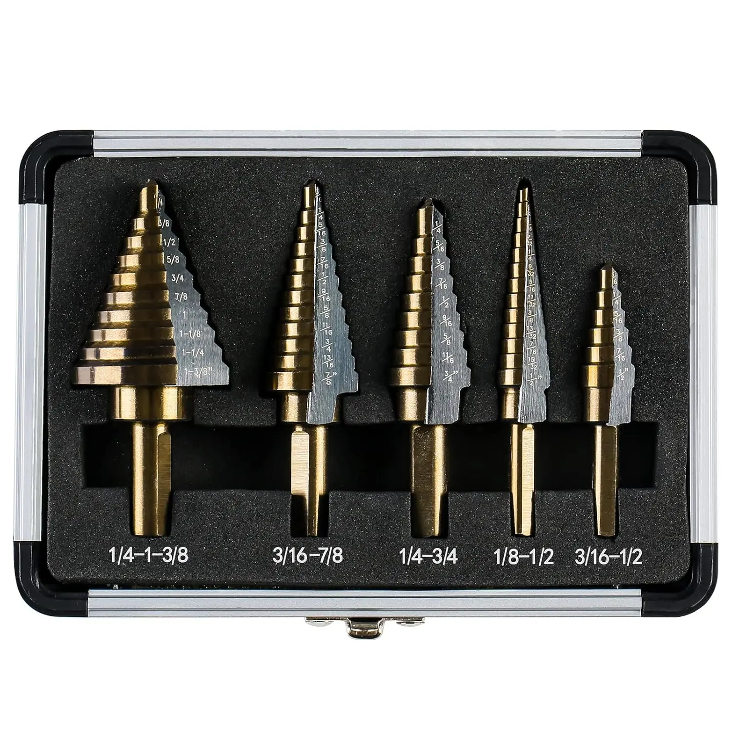Step Drill Bits, 5PCS HSS Titanium Step Drill Bit Set, 50 Sizes High Speed Steel Step Bits for Metal with Aluminum Case B