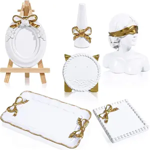 Wowagoga Vintage Decorative Tray,6 Pcs Decorative Jewelry Tray,Cute Jewelry Organizers,White and Gold Vanity Trays for Earrings, Rings, Necklaces, Bracelets, Dresser and Bathroom Decor