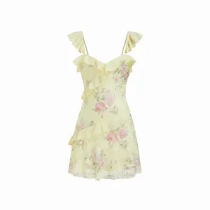 Cider Lace Floral Sweetheart Neck Ruffle Trim Cami Mini Dress