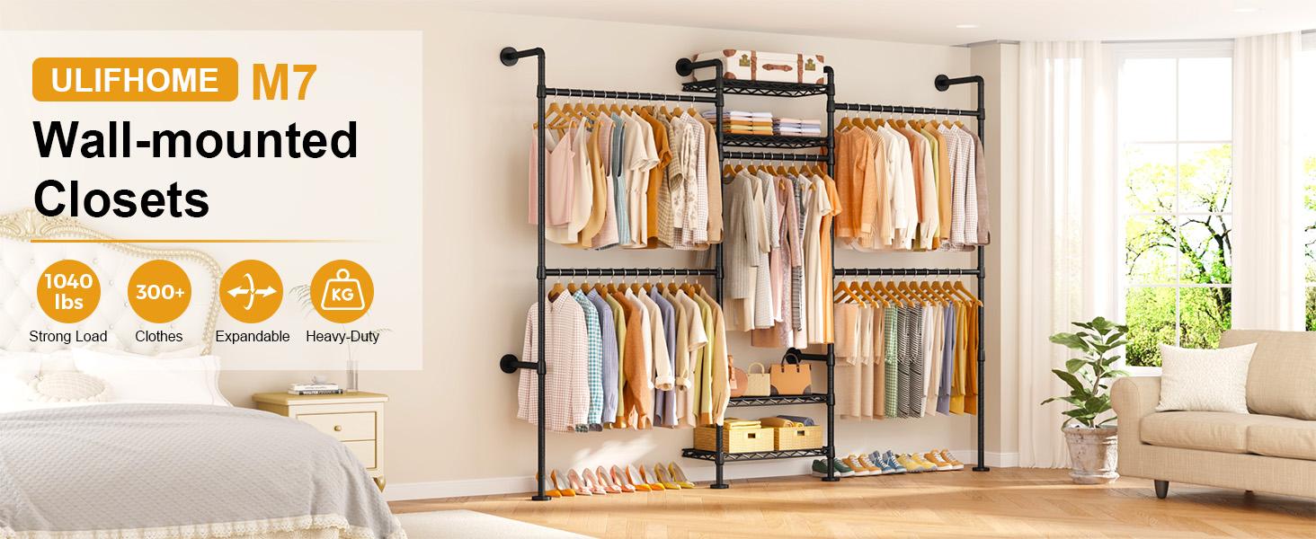 ULIFHOME Heavy Duty Metal Frame Closet Rack - Wall-Mounted Expandable Size (22.4-39.4in) Industrial Pipe Closet Organizer, Garment Storage for Indoor Use in Bedroom, Living Room Furniture,dorm room inspo,college dorm essentials,dorm haul