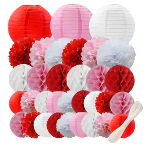 WOLHOWLTD Red Pink Paper Decoration Set - 33 Pcs Paper Lanterns, Pompoms, Honeycomb for Love Wedding,Valentine's,School Day,Bridal Shower,Birthday Party,Home Garden Decoration(red Pink White)