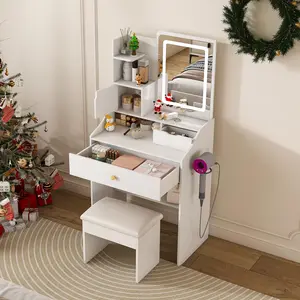3-Color LED Vanity Mirror with Stool, Bedroom Dressing Table with 2 Drawers & 5 Storage Cabinets (4 Open+1 Hidden), Adjustable Brightness Lighting, White