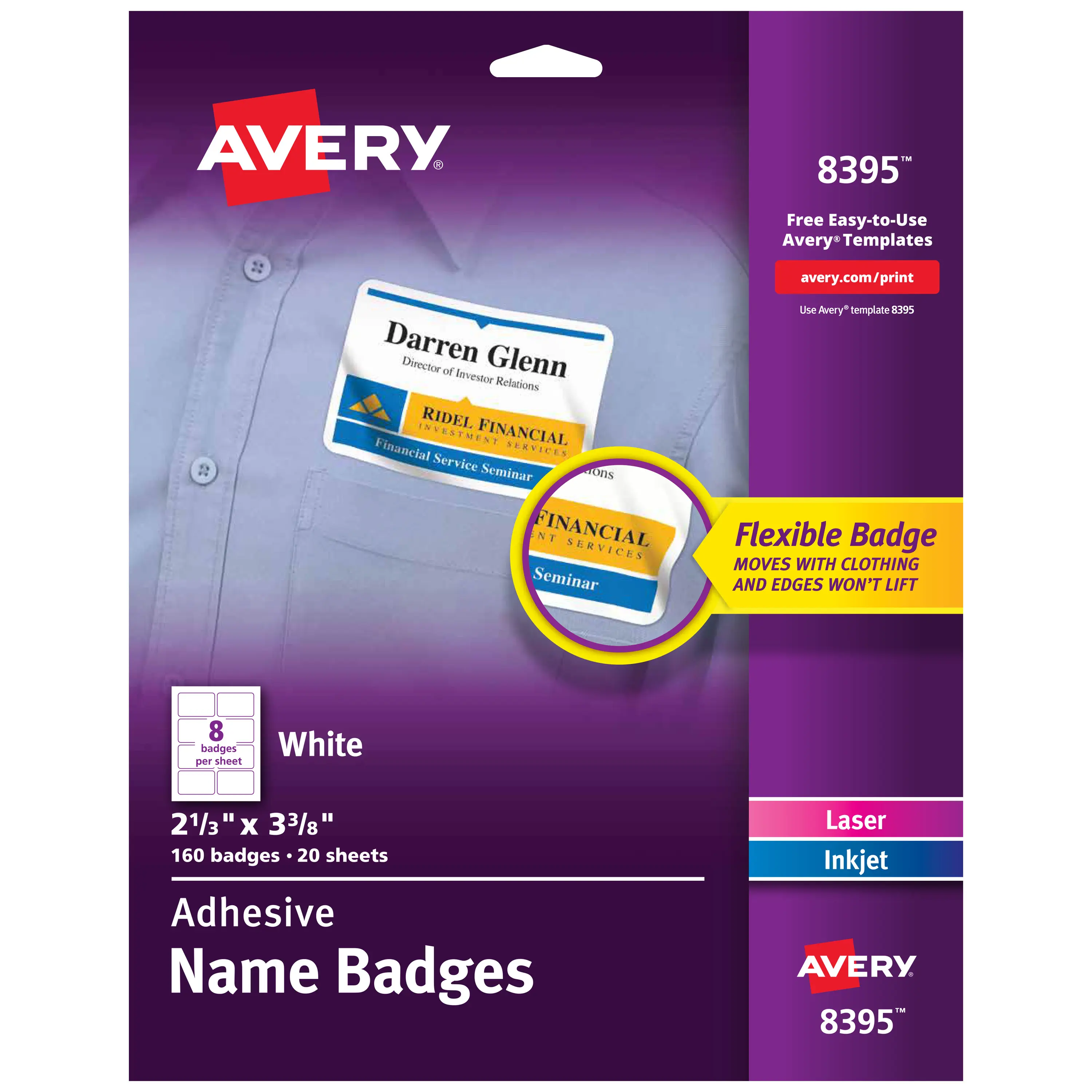 Avery Flexible Printable Personalized Name Tags, 2-1/3"x3-3/8" Matte White Adhesive Name Badges, 160 Removable for Parties, Corporate Events, Social Events (8395)