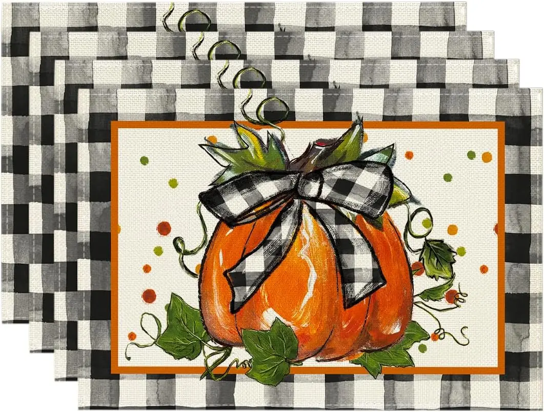 Colorful Modern Durable Pumpkin Buffalo Plaid Rectangle Placemats Set of 4 (12x18 in) - 100% Spun Polyester Kitchen Tableware, Wrinkle-Proof, Hemmed & Reinforced Edges, Autumn Decor for Indoor Home Dining, Lay Flat to Dry