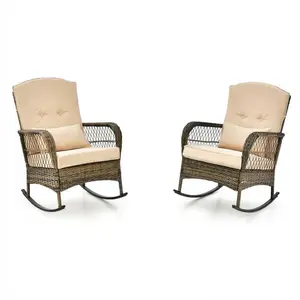 2 Piece Rattan Garden Furniture Set, Outdoor Rocking Chairs with Cushions & Pillows, Wicker Patio Bistro Set for Balcony Garden Poolside