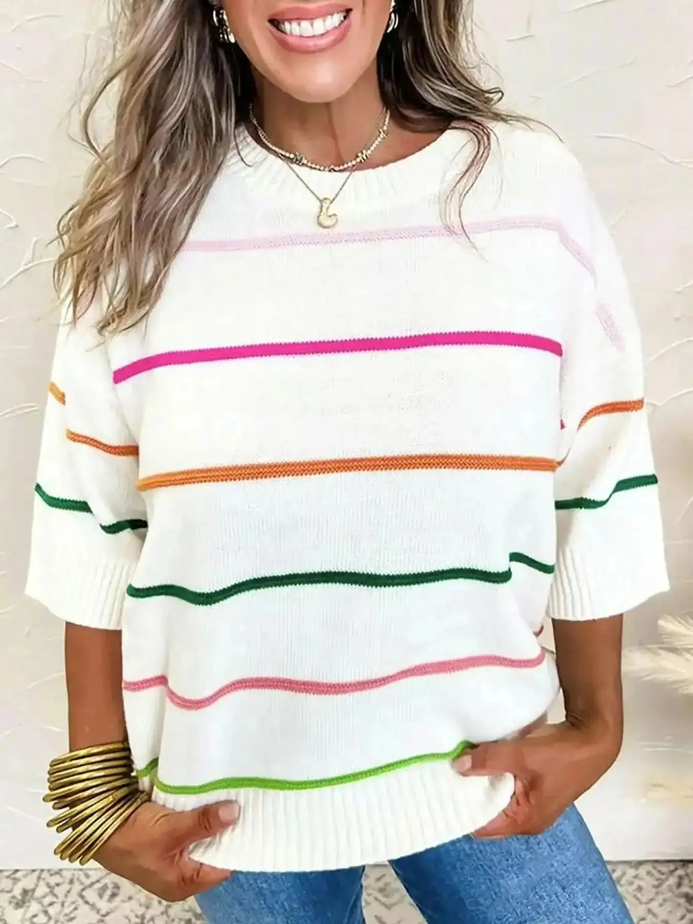 Autumn Winter New Design Colorblock Striped Drop Shoulder Sweater, Casual Loose Knit Pullover Top, Elegant Rainbow Stripe Women's Fashion Knitwear layering piece going out top