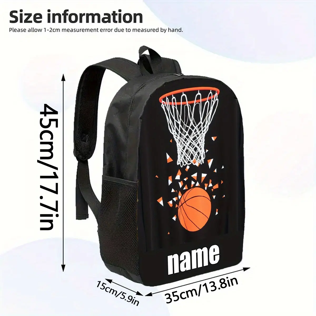 1-piece 2D printed backpack with customizable name, basketball pattern, vibrant cartoon design, large capacity casual backpack/laptop bag with water bottle bag, adjustable shoulder strap, lightweight and durable, suitable for school/work/travel