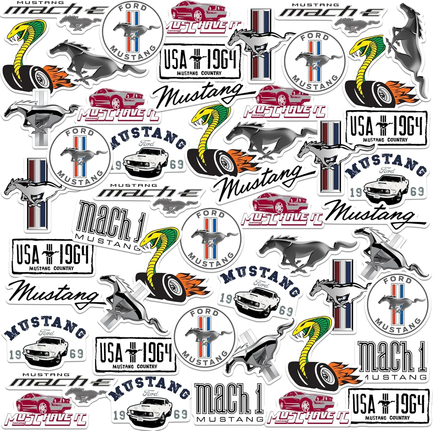 Ford Mustang ct Vinyl Large Deluxe Stickers Variety Pack – Classic Mustang, Mach , Cobra, Vintage Muscle Car & Racing Stripe Designs, Laptop, Water Bottle, Scrapbooking, Tablet, Indoor/Outdoor