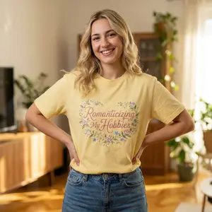 Romanticizing My Hobbies T-Shirt | Floral Heart Script Design