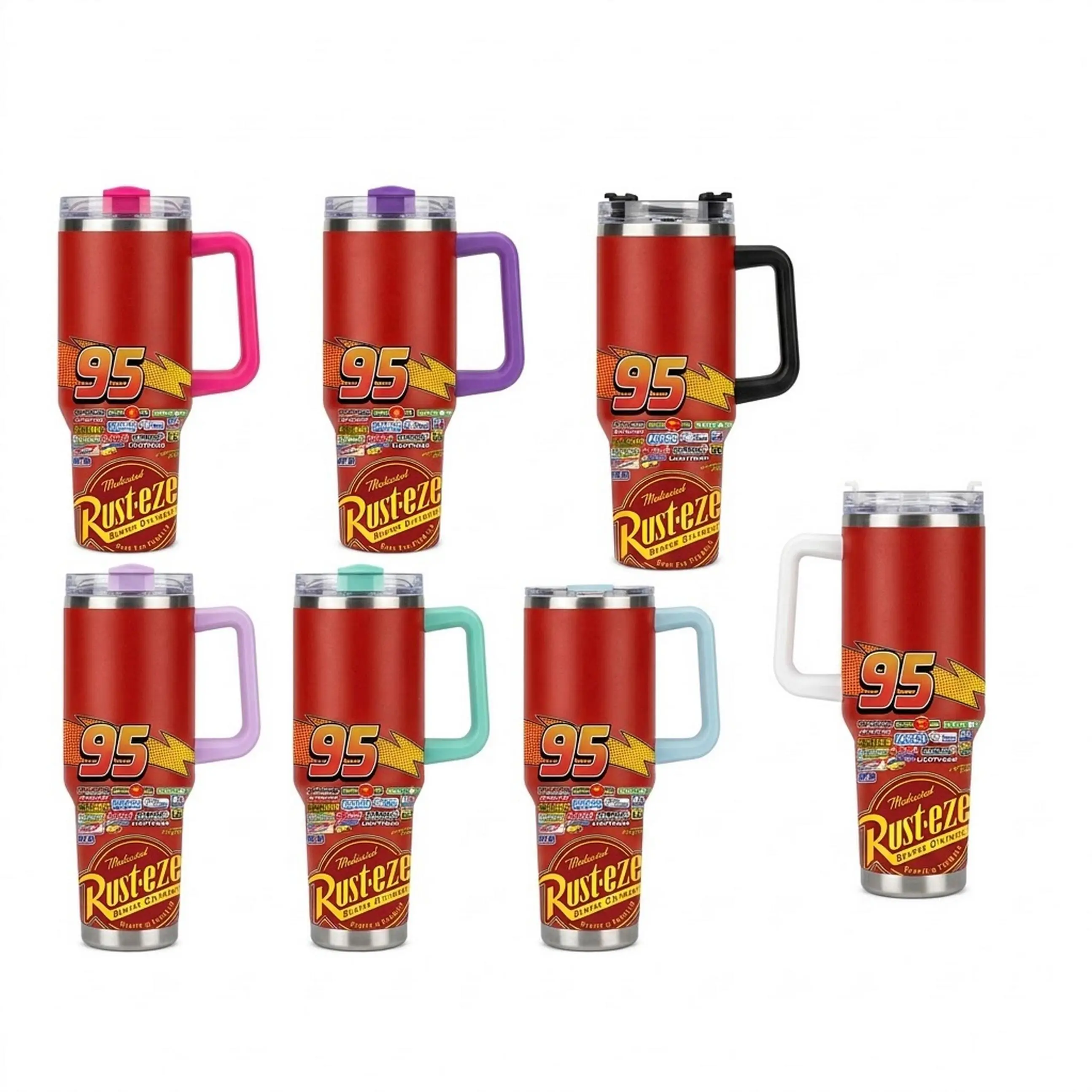 Lightning McQueen 95 Rust-Eze 40oz Tumbler with Handle and Straw, Racing Cars Stainless Steel Travel Mug, Car Cup Holder Water Bottle, Red Cartoon Coffee Cup, Gift for Cars Fans