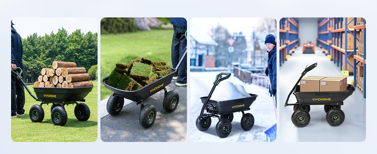 VIVOHOME 4 Cu.Ft 660lbs Wheelbarrow Garden Cart Dump Wagon with 2-in-1 Convertible Handle Attach to ATV or Tractor, 10" All Terrain Wheels, Quick Release System, Heavy Duty Utility Trailer for Yard