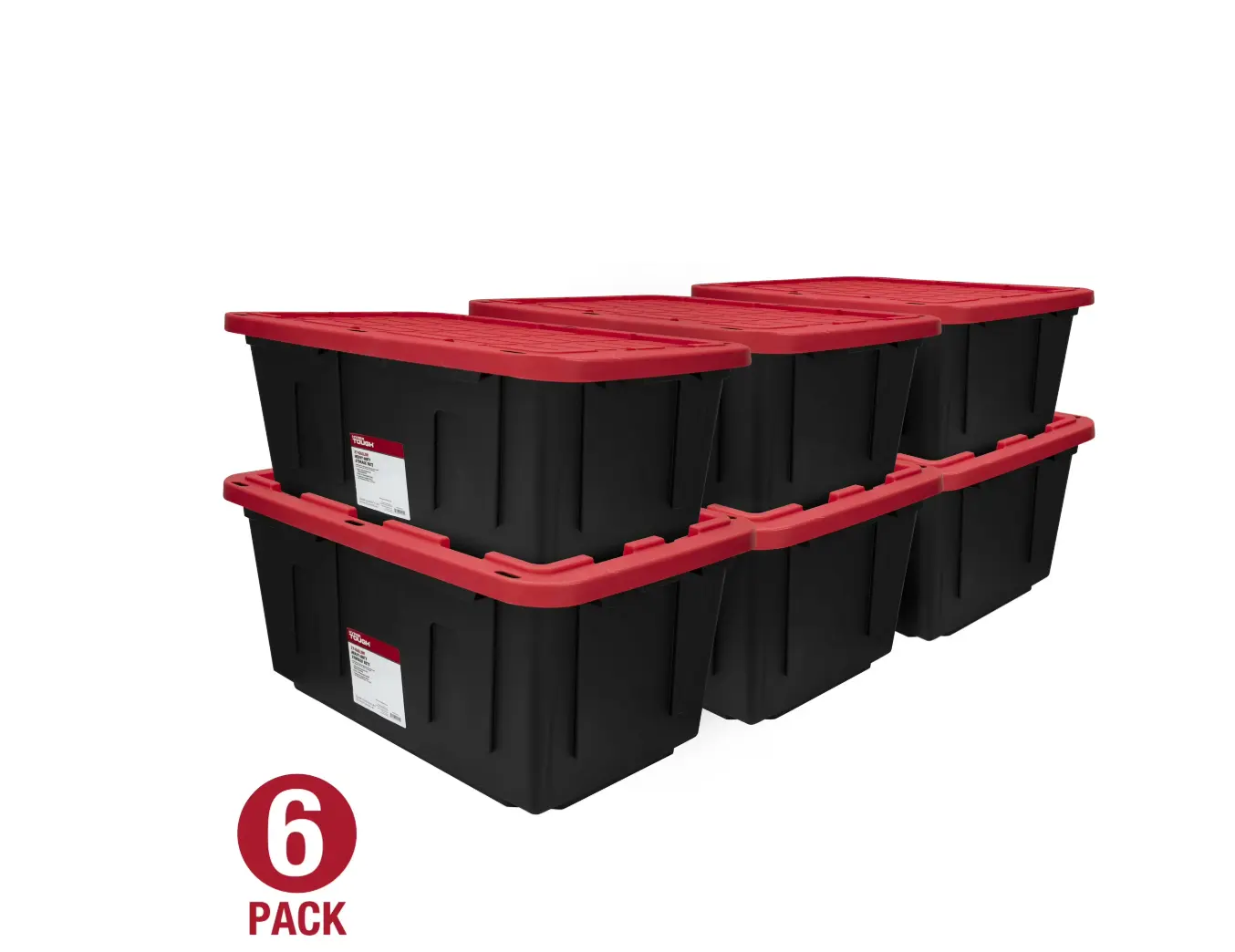 (6 pack) 27 Gallon Large Storage Bin with Snap Lid, Black and Red, Heavy Duty Plastic Storage Container
