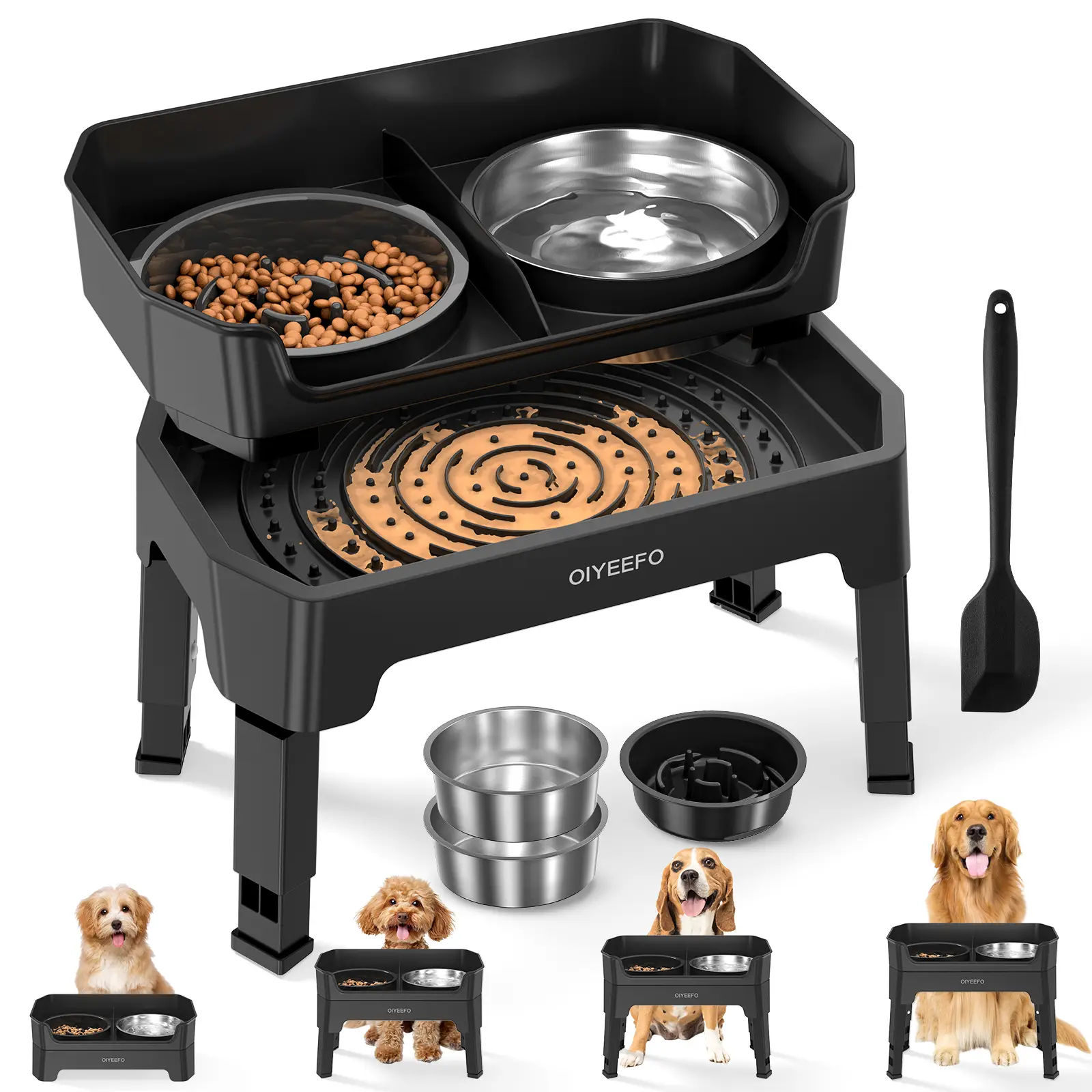 4 in 1 Large Elevated Dog Bowls: 4 Adjustable Height Raised Dog Bowl Stand with Mess Proof Design - Slow Feeder Licking Plate with 2 * 53oz Food Bowls