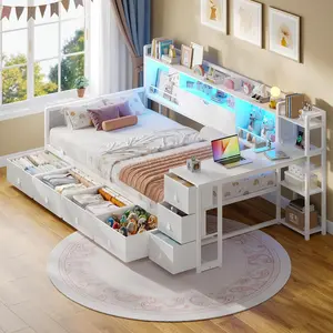 ADORNEVE Twin Corner Bed Frame with 7 Drawers, Desk & Bookcase Storage, Metal Platform Daybed with Charging Station and RGB Lights, for Kids Bedroom, No Box Spring Needed