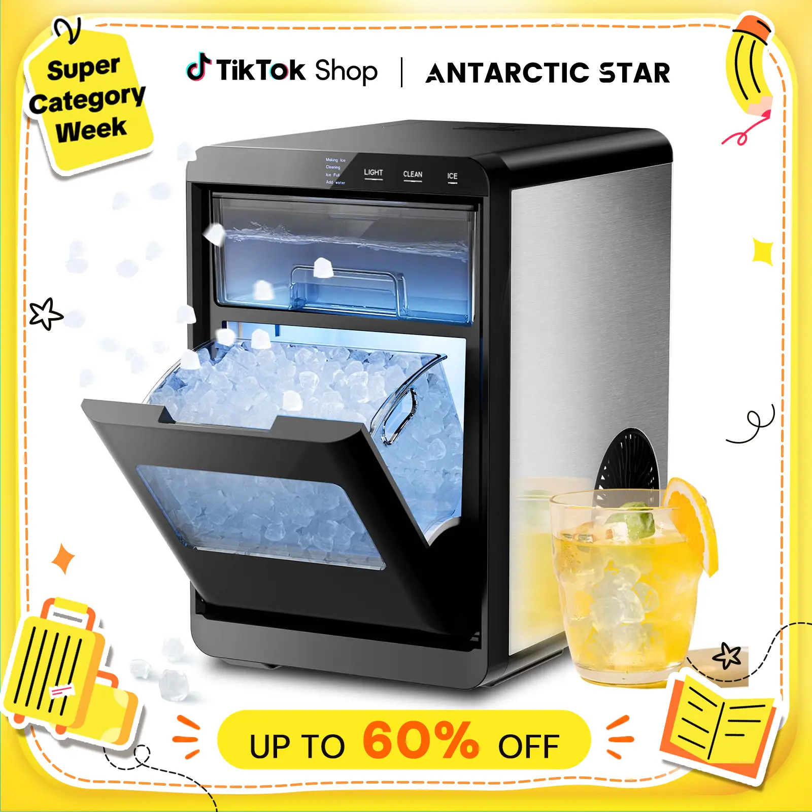 Antarctic Star Nugget Ice Maker, 10-15min quick make, 45Lbs/Day, Clear Visual double door, Self-Cleaning,24HTimer, Enhanced Insulation for various beverages/Fresh/Direct consumption,for Home/Office/Bar/Party Icemakermachine