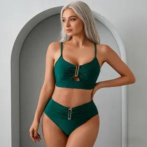 2026 Trendy Emerald Green High Waist Bikini – Gold Buckle Ruched Swimsuit
