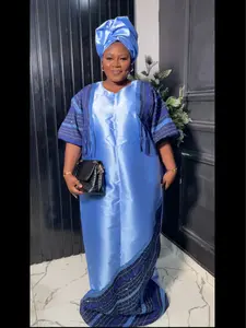 Blue Damask Party Dress: Elegant Royal Blue aso oke Fabric