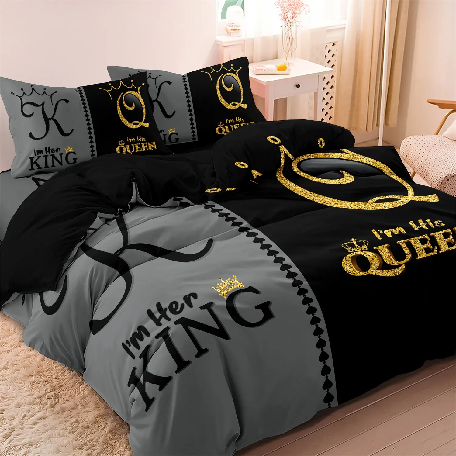 3pcs Royal Crown King & Queen Themed Bedding Set - 100% Polyester Microfiber, Breathable & All-Season, Machine Washable -（1* Duvet Cover 2 Pillowcases