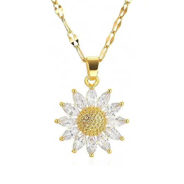 14K Gold Plated Sunflower Necklace for Women, Sparkling Cubic Zirconia Flower Pendant Necklace, Dainty Sunshine Floral Jewelry with 16"+4" Adjustable Chain, Mother's Day Birthday Gift for Her