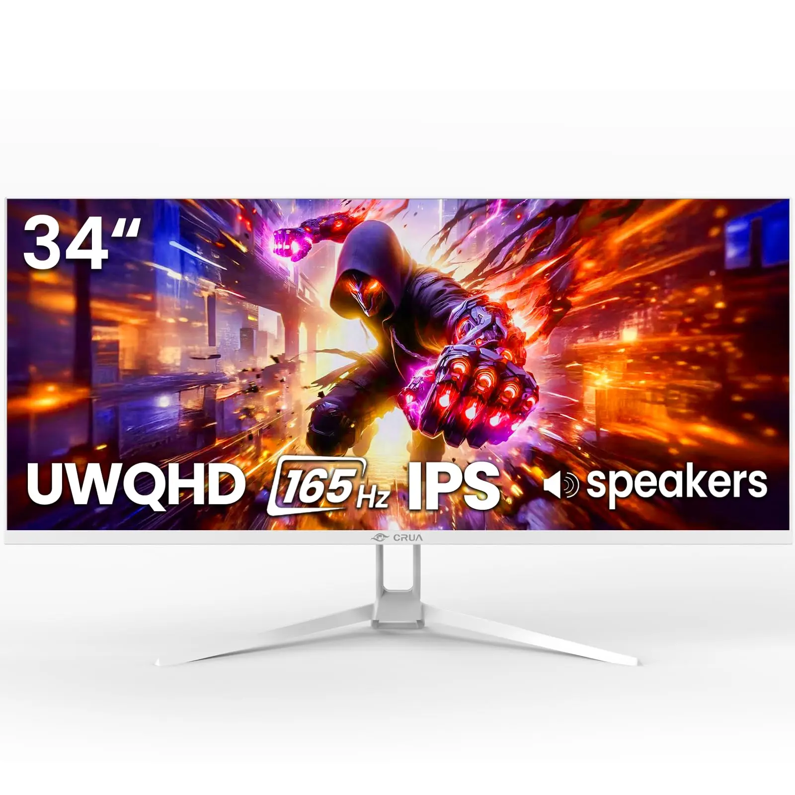 CRUA 34" WQHD 165Hz IPS Ultrawide Gaming Monitor, FreeSync, HDMI/DP, White | 120%sRGB Color, Built-In Speakers, Low Blue Light, 178° Wide View and Wall Mount75×75mm for PC Gaming, Video Editing and Work
