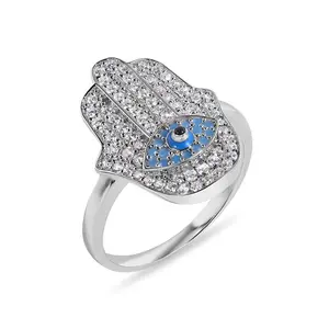925 Sterling Silver Hamsa Evil Eye Clear Turquoise CZ Studded 18.6mm Ring