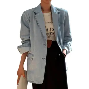 Mina Self 2026 Spring Lady's Oversized Long Sleeve Basic Denim Blazer Outerwear - Fashion Open Front Lightweight Casual Work Office Jean Top with Pockets