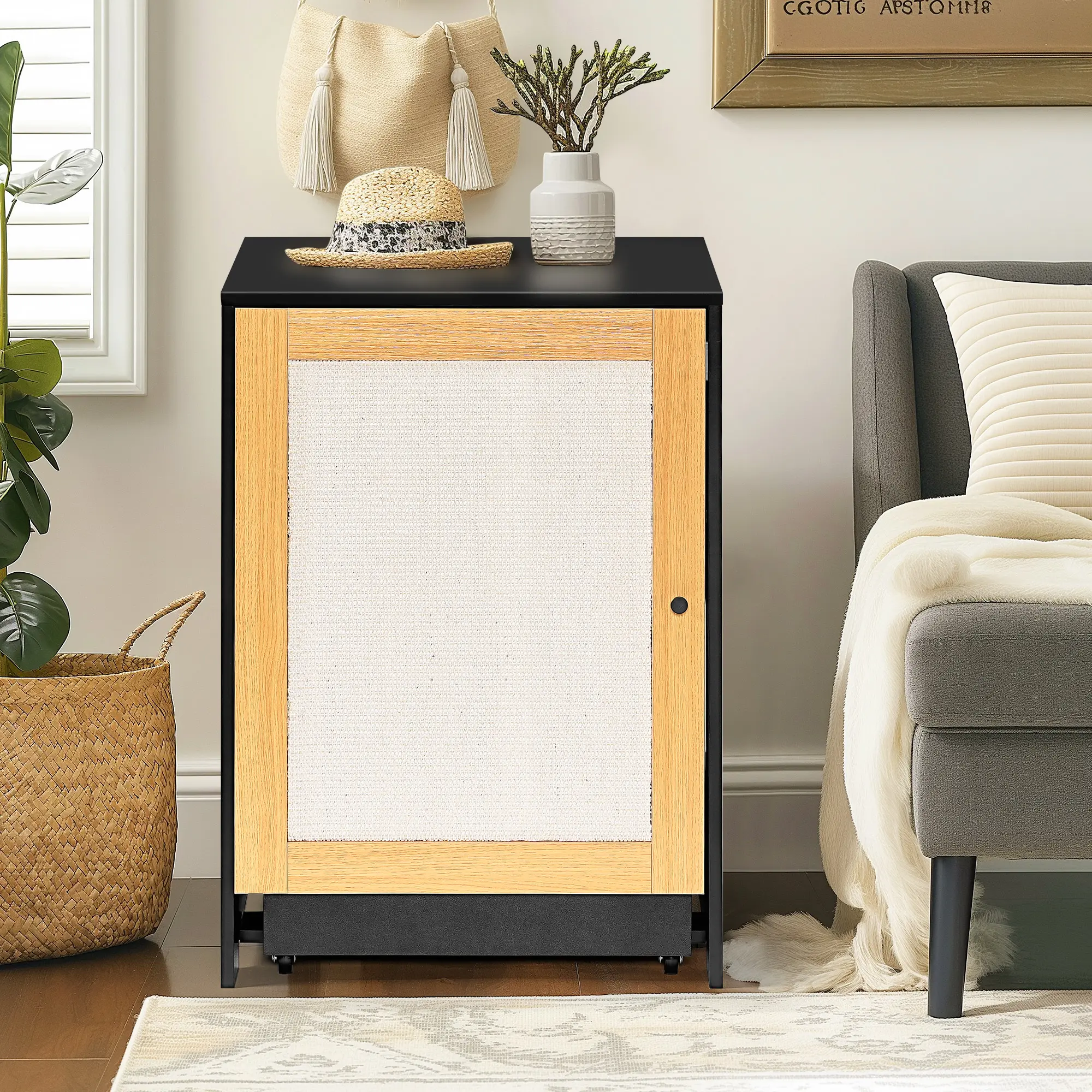 Hidden Litter Box End Table with Sisal Scratching Door, Multi-Use Cat Washroom Cabinet, Modern Pet Furniture Nightstand for Living Room or Bedroom, Black