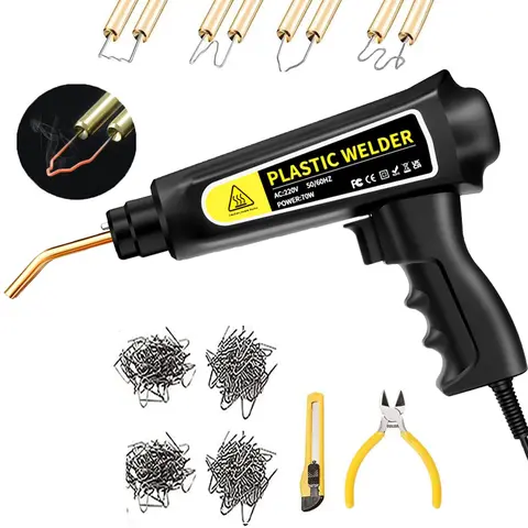 Plastic Welding Machine Car Bumper Repair Kit,Hot Stapler Plastic Repair Welder Soldering Kit,4 Types 200 Staples,Hot Staple Gun Plastic Welder&Flat/Outside Corner/Inside Corner/Wave Staples