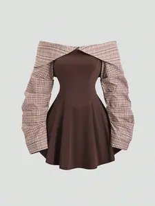 🍂 Brown Off Shoulder Mini Dress for Women – Contrast Color Waist-Cinched Short Dress, Sexy Minimalist Collegiate Fall Outfit 💫