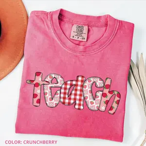 Comfort Colors Strawberry Teacher Shirt –Crunchberry Red Gingham “Teach” Tee, Cute Summer Back to School Shirt, Gift for Teachers Womenswear