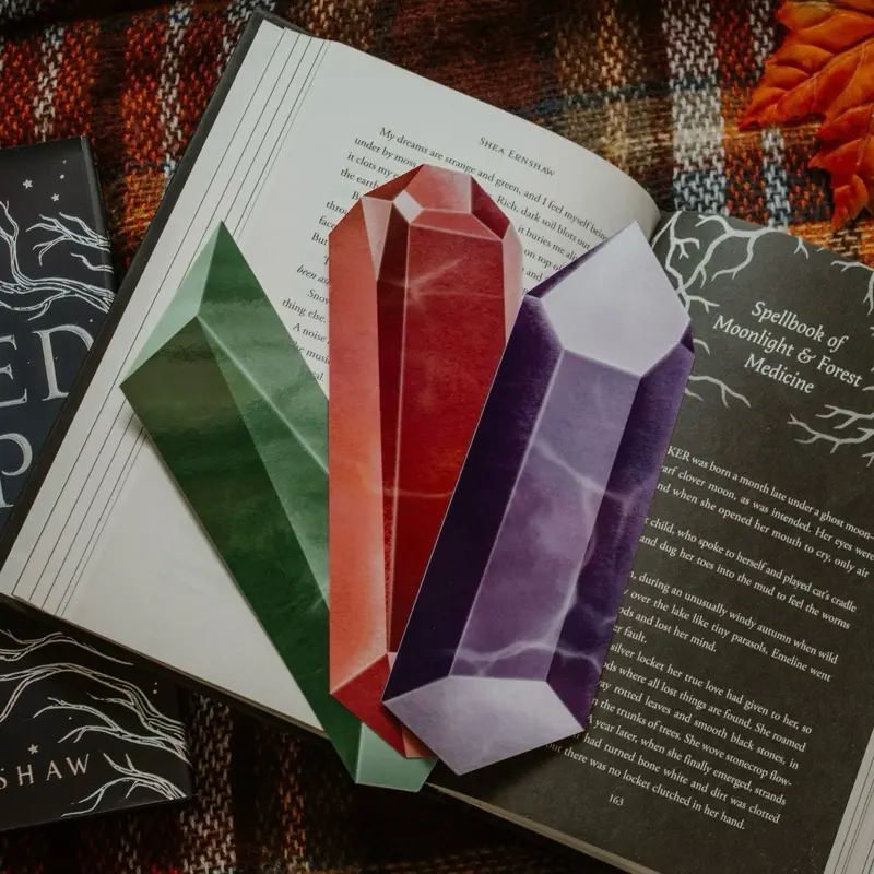 3 Pack Crystal Bookmarks | Ruby, Emerald, & Amethyst Laminated High-Quality Gloss Paper. RusticPagesCo.