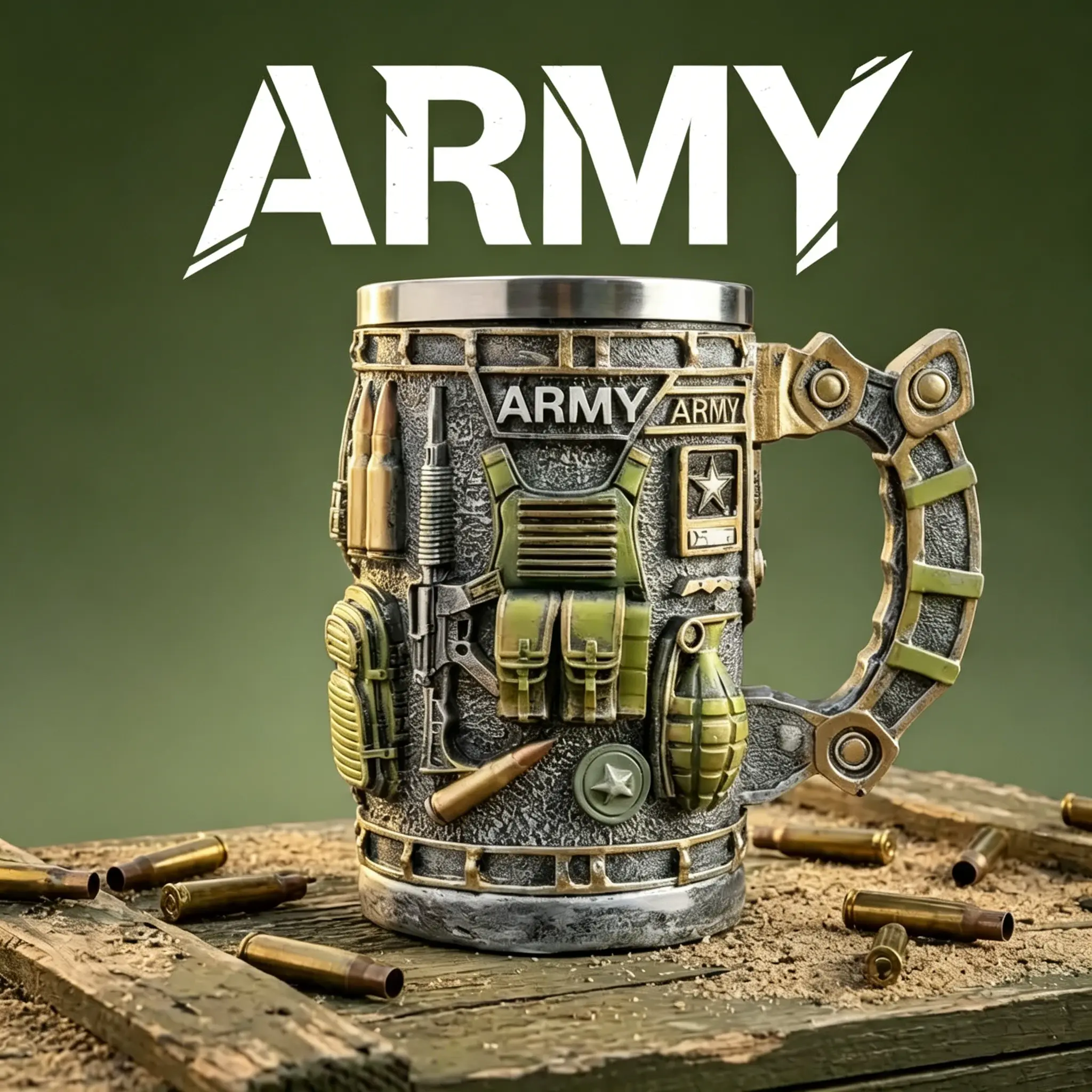 3D Army Tactical Gear Mug  Military Style Stainless Steel Beer Coffee Mug Home Decor Gift for Veteran Dad Soldiers