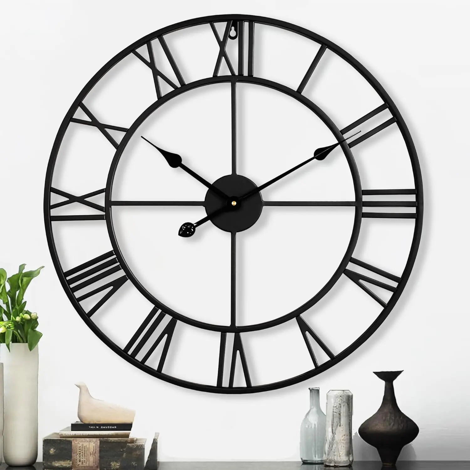 Silent 24 Inch Wall Clocks for Living Room Decor, Large Black Metal Roman Numeral Wall Clocks for Modern Farmhouse Home Decor,House Warming Gifts  Home
