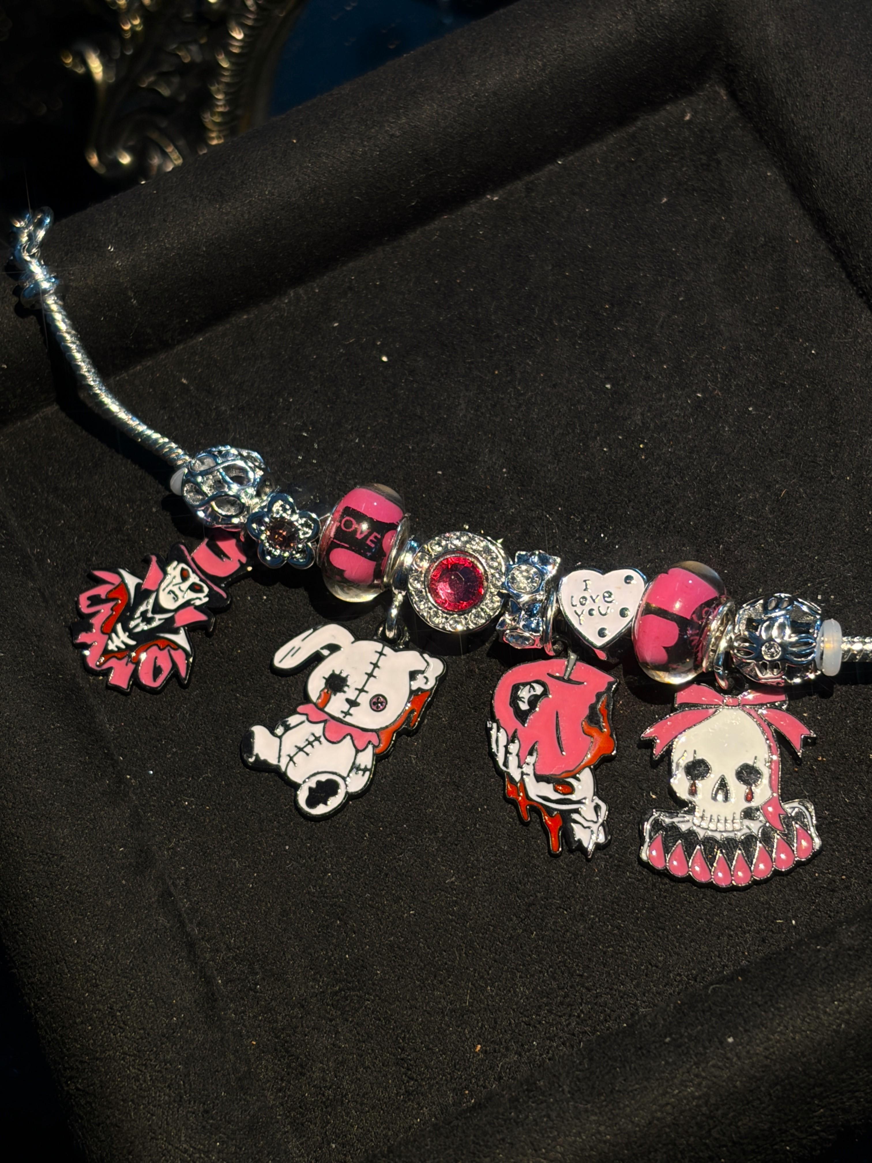 Silver Tone Festival Charm Bracelet - Gothic Cute Dangle Pendants, Stitched Rabbit & Skull Charms, Pink-Black Murano Glass Beads, Shiny Rhinestone Spacer Beads, Adjustable Snake Chain, Y2K Trendy Jewelry for Halloween Party Cosplay