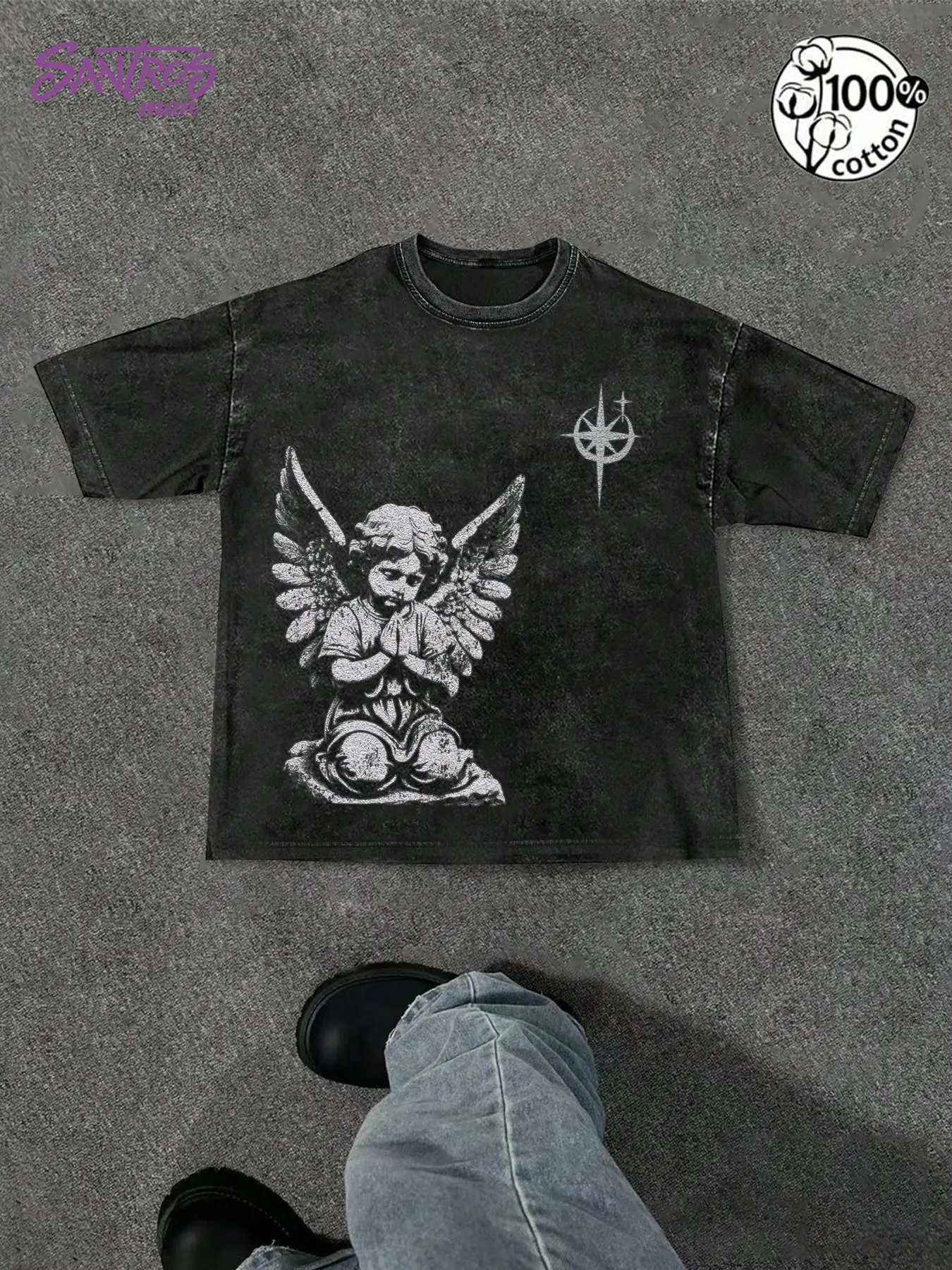 Unisex 100% Cotton Washed Black Oversized T-Shirt with Praying Cherub Print Vintage Streetwear Top