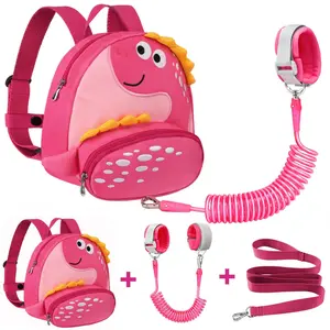 BY-XY Toddler Backpack Harness with Safety Leash, Cute Dinosaur Harnesses with Kids Anti Lost Wrist Link, Mini Child Schoolbag with Wristband Tether Strap and Protection Leashes for Baby Girls (Pink)