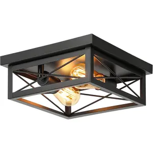 2-Light Farmhouse Ceiling Light Fixture, Industrial Square Flush Mount Ceiling Light, Modern Black Metal Hallway Ceiling Lighting Fixture for Kitchen Entryway Living Room Bathroom Porch