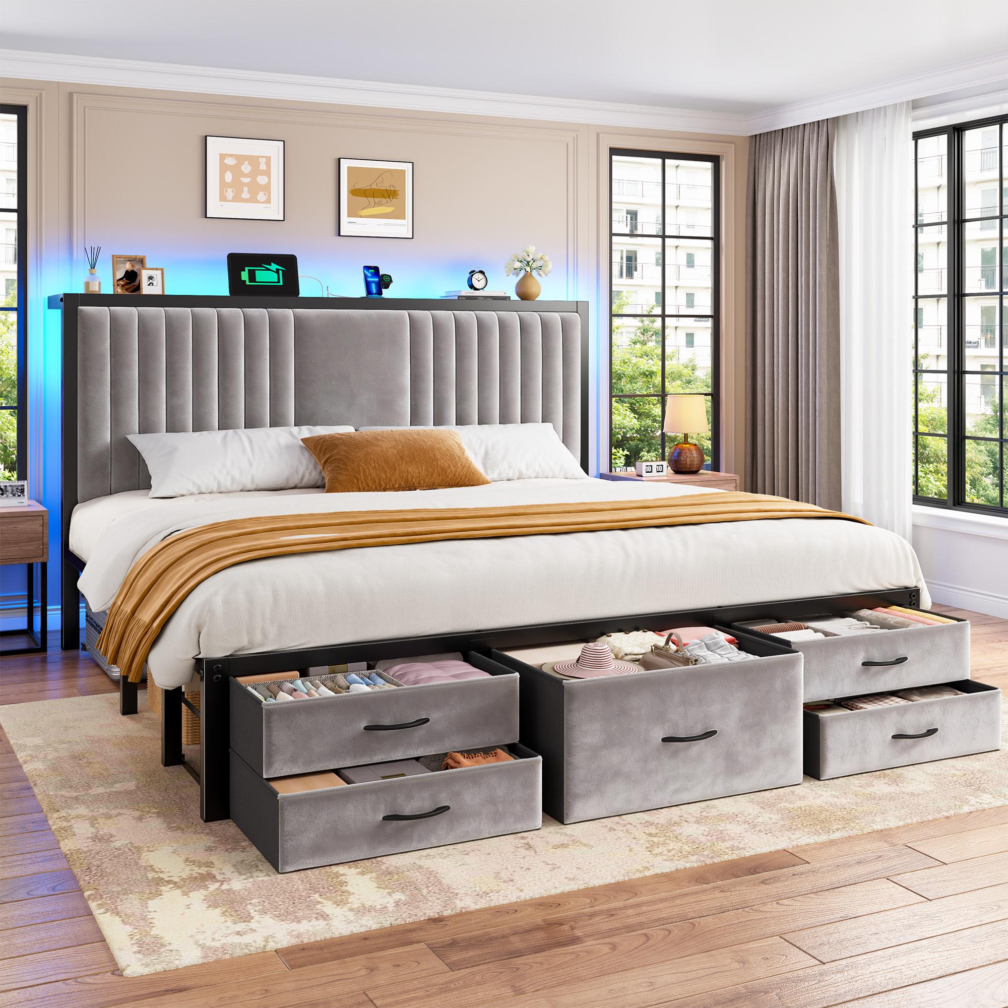 【Storage Bed】Modern King/Queen/Full Size Bed Frame with 5 Storage Fabric Drawers,Luxury Upholstered Platform LED Metal Bed Frame with Built-in Charging Station & Shelf on Headboard,13.39" Under Bed Space for Apartment,Dorms,Attic,Guestroom,838LBS Capacity