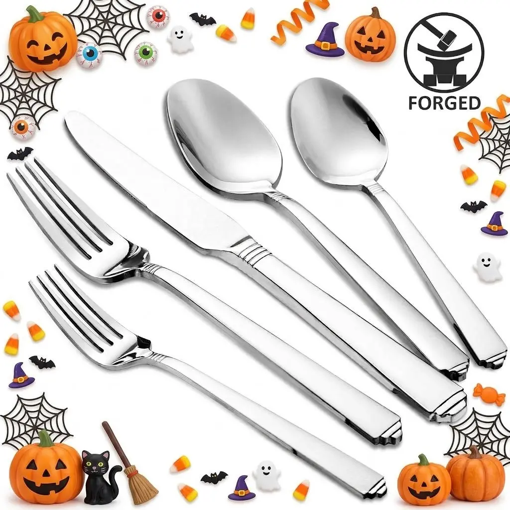 20-Piece Hot Forged Stripe Detail Heat-Safe Stainless Steel Cutlery Set - 4-Person Silverware Set with Spoons, Forks, Knives, Dessert Spoons, Corrosion-Resistant, Dishwasher Safe, Smooth Finish, Everyday Home Tableware for Formal Occasions