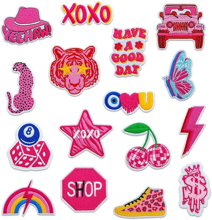 16 PCS Embroidered Applique Iron on Patches Sew on Applique Pink Cherry Embroidered Patch DIY Craft Accessories for Dress Jackets Jeans Backpacks Hats Clothing Decoration, Cherry