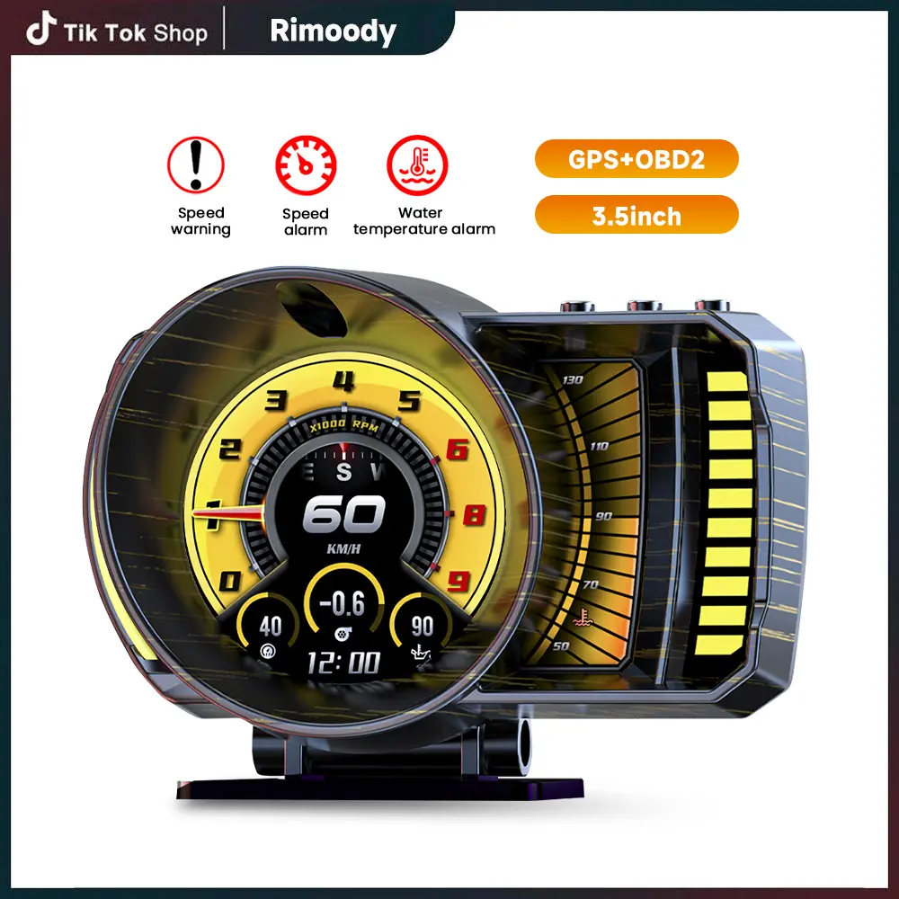 RimoodyGPS Digital Speedometer HUD with OBDII – MPH/KM/H, Engine Temp, Voltage, RPM, Fuel Consumption, Turbo Boost, 6 LED Display, Plug & Play, Supports Hybrid & Auto Start-Stop, Please Check OBDII Compatibility for Your Vehicle (Not for All Models/Years)