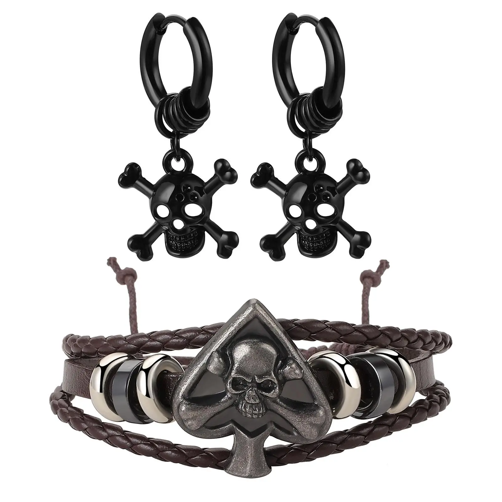 OIDEA Gothic Skull Poker Men's Jewelry Set, Stainless Steel Skull Hoop Earrings and Adjustable Braided Leather Ace of Spades Bracelet