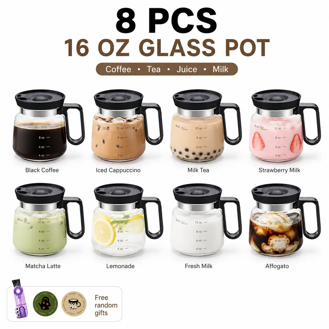 2/4pcs 16oz Glass Coffee Mug in Coffee Pot Shape, 4 Inch Tall Compact Mini Carafe Design with Sip Lid, Cute Novelty Reusable Drinkware Cup for Coffee and Tea, Fun Gift for Coffee Lovers, Home Office Desk Aesthetic Mug Funny Mug