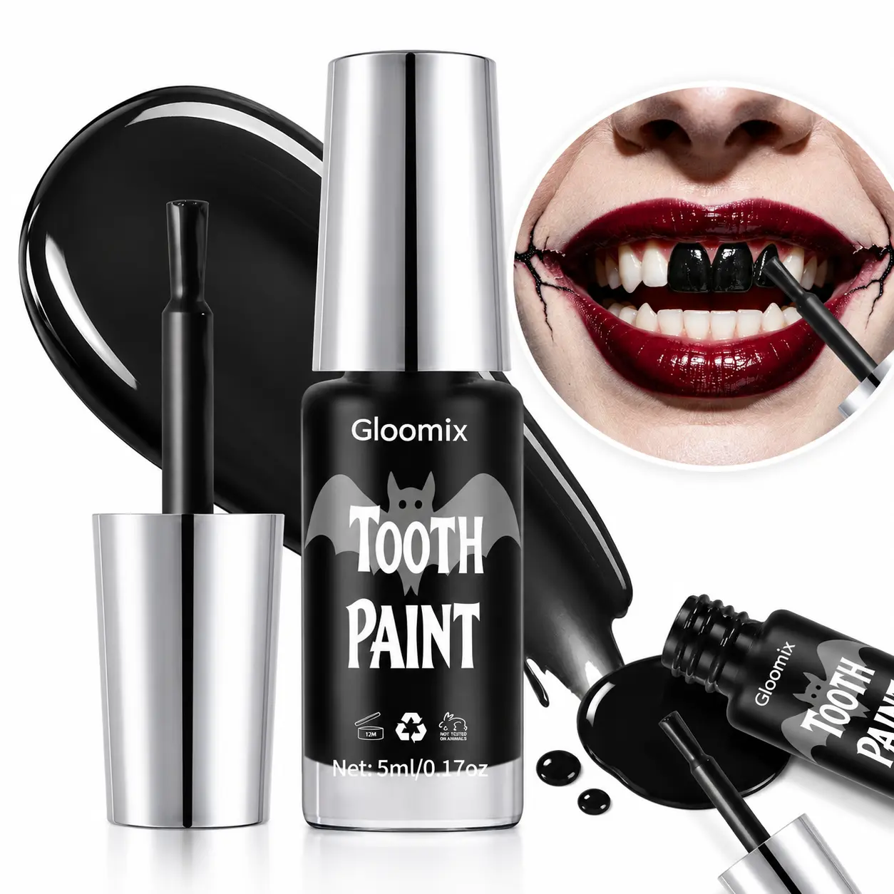 Gloomix Temporary Black Teeth Cosmetic Paint - Professional SFX, Realistic Rotten & Missing Teeth Look, Apply Thin Layer for 2 Key Costume Events (Halloween, Cosplay), 4 Colors, Theater Use