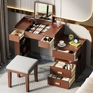 Modern Makeup Vanity Table Set - Lighted 3-in-1 Wood Finish Vanity Desk with Flip-Top Mirror, LED Lighting, Adjustable Length, Ample Drawers, Multi-Use Stylish Dressing Table for Home Use