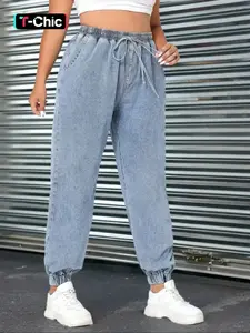 【Plus Size】 Loose-fitting Regular Casual Light Wash Denim Jeans, Comfortable Drawstring Pants for Ladies Summer Wear