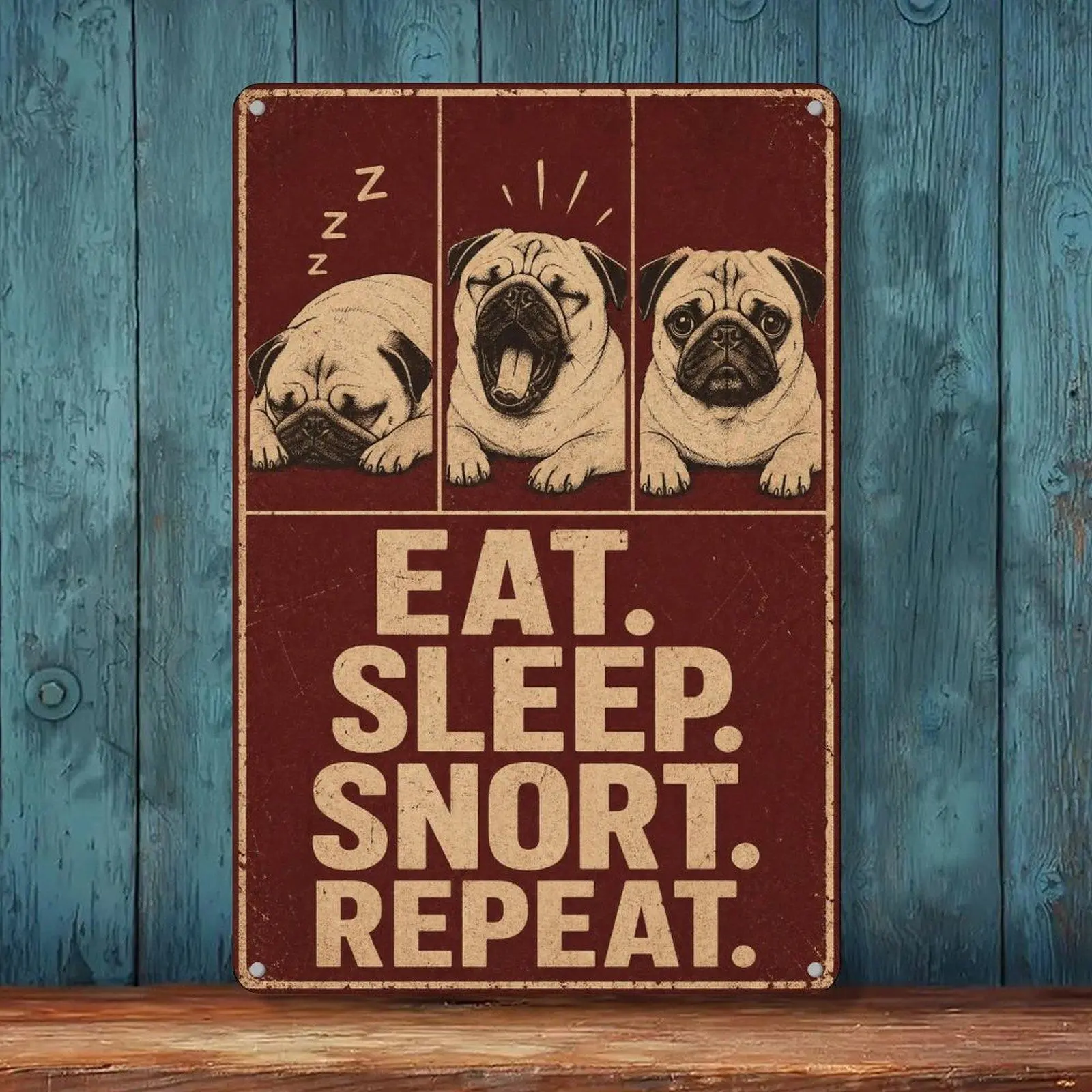 Eat Sleep Snort Repeat Funny Pug Dog Retro Wall Art 8x12in Vintage Pet Lover Decor Plaque For Dog Owner Bedroom Home Wall Decoration