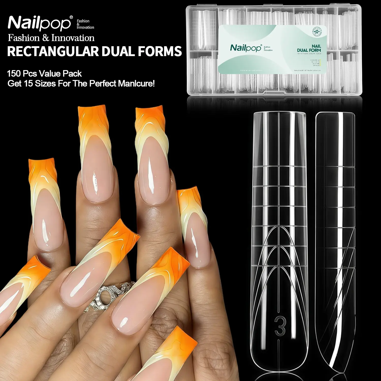150pcs Nailpop Rectangular Dual Nail Forms – Professional Salon Style, Guide Lines & Numbered Sizes for Quick & Precise Fit, High Transparency & Easy Use, An Efficient Tool for Nail Technicians & Advanced Enthusiasts, Nail Art Tools
